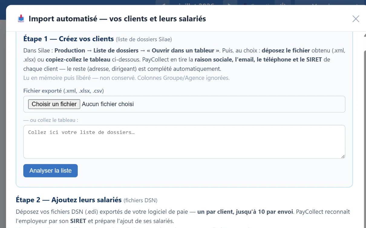 Import des entreprises et salariés dans PayCollect